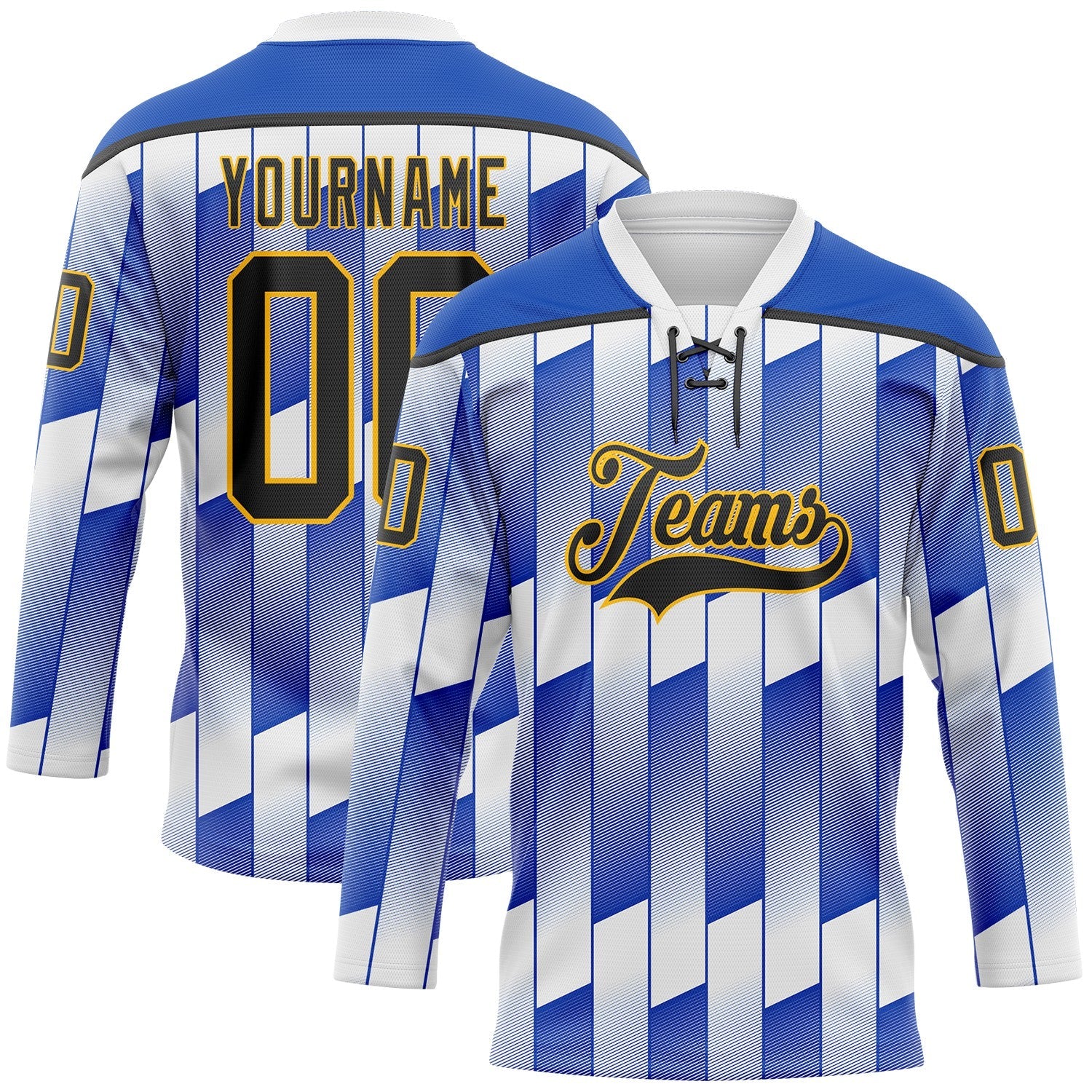 Custom White Black Thunder Blue-Gold Stripe Gradient Hockey Lace Neck Jersey - Main View