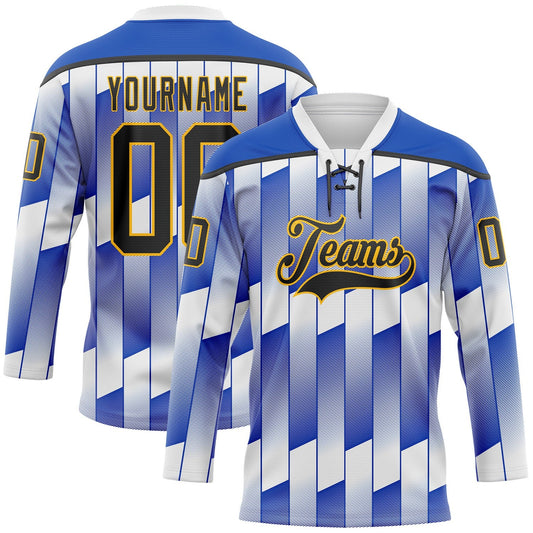 Custom White Black Thunder Blue-Gold Stripe Gradient Hockey Lace Neck Jersey - Main View