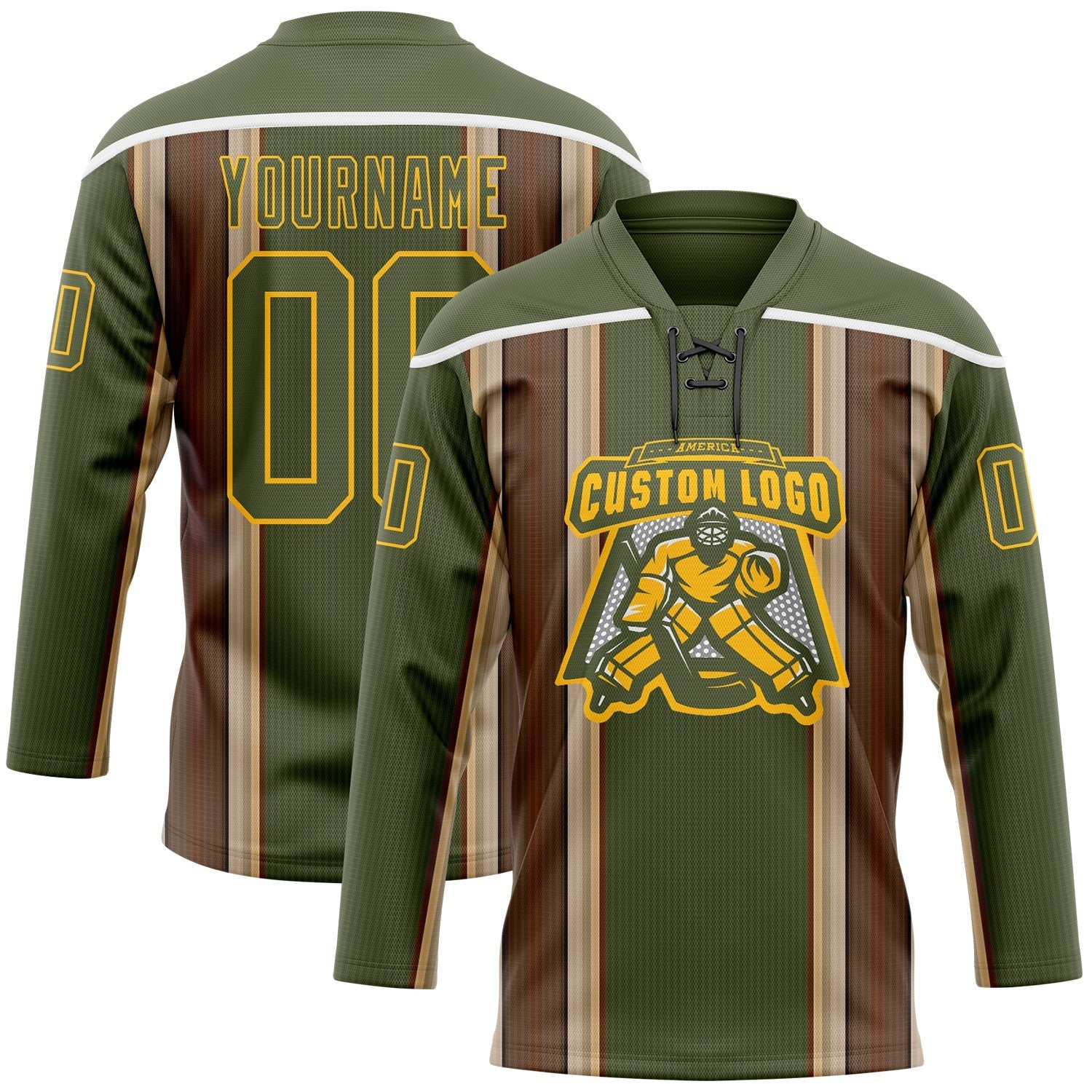 Custom Olive Brown Cream Gold-White Stripe Hockey Lace Neck Jersey view 2