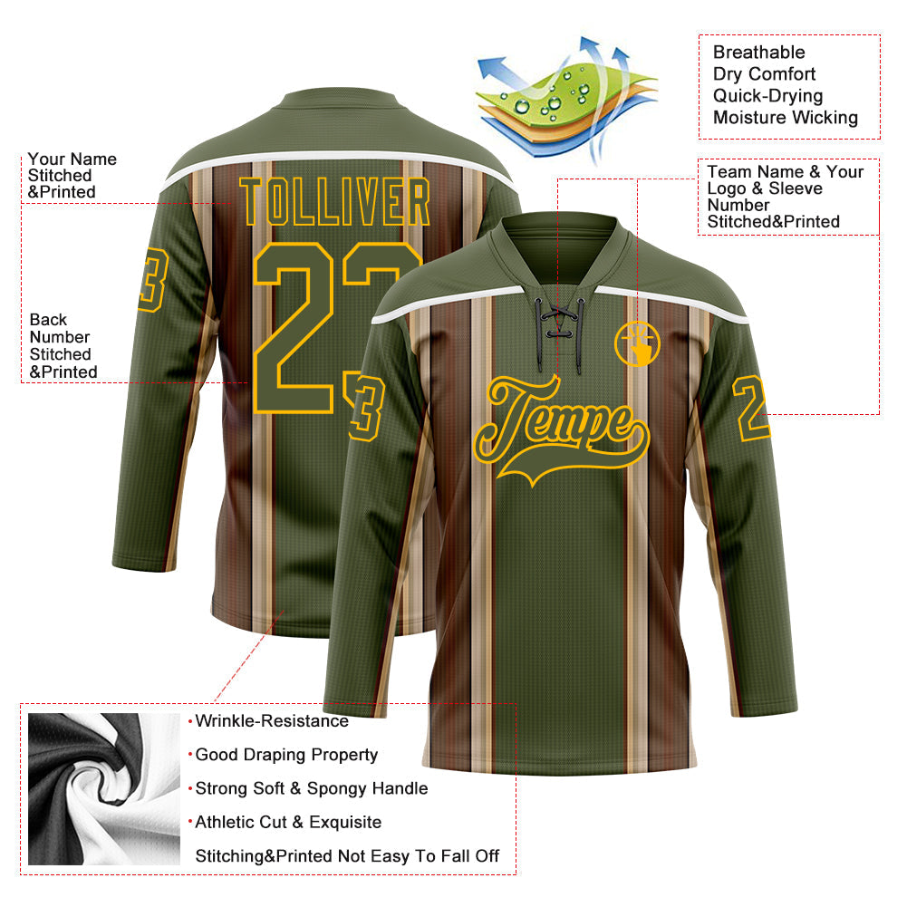 Custom Olive Brown Cream Gold-White Stripe Hockey Lace Neck Jersey view 5