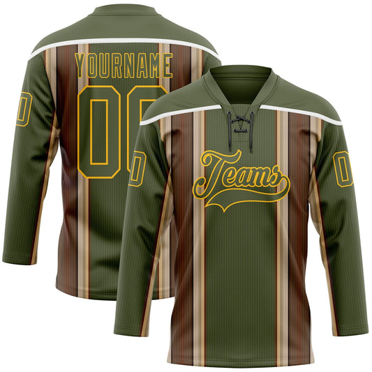 Custom Olive Brown Cream Gold-White Stripe Hockey Lace Neck Jersey - Main View