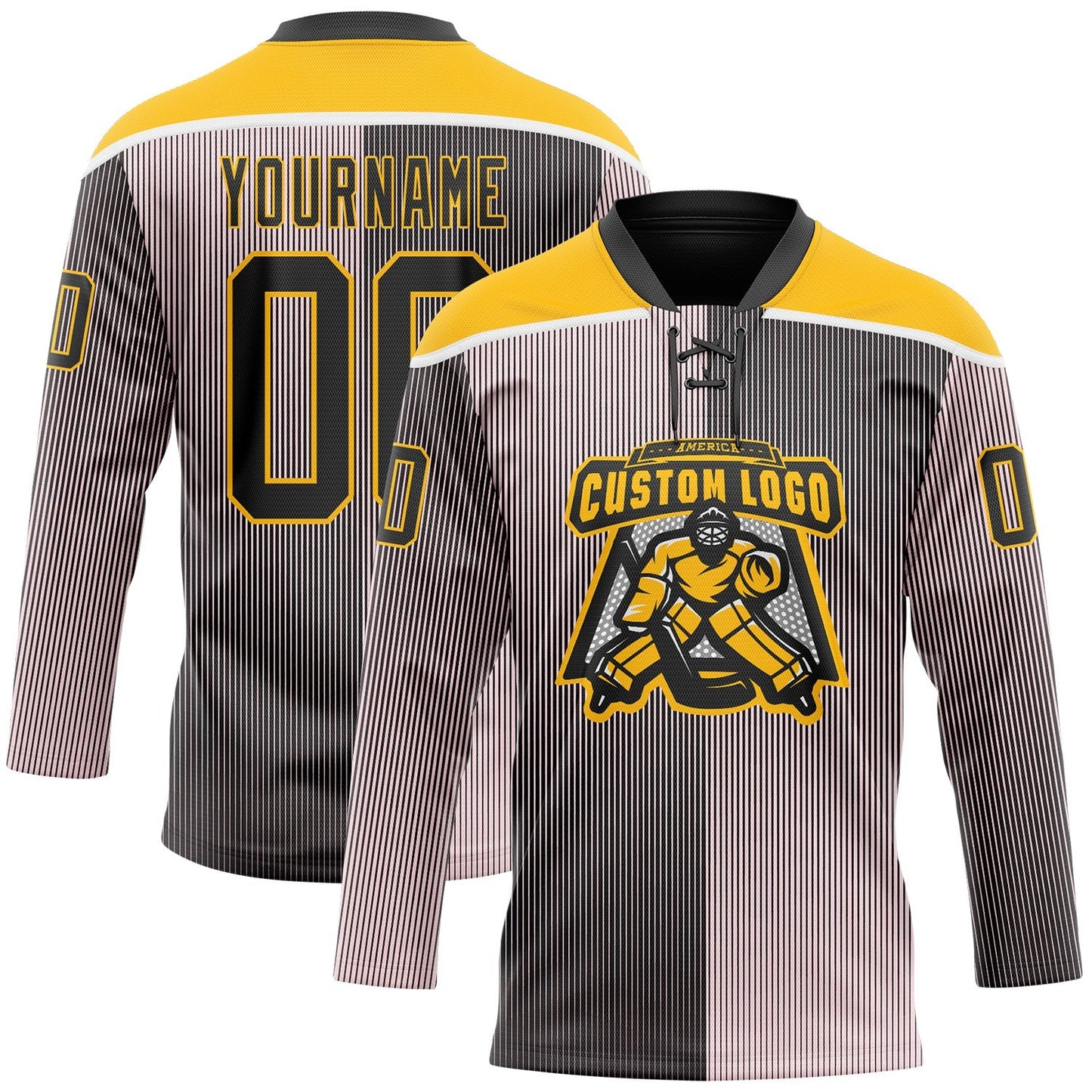 Custom Black Pink Gold-White Stripe Gradient Hockey Lace Neck Jersey view 2