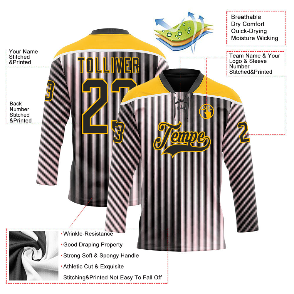Custom Black Pink Gold-White Stripe Gradient Hockey Lace Neck Jersey view 5
