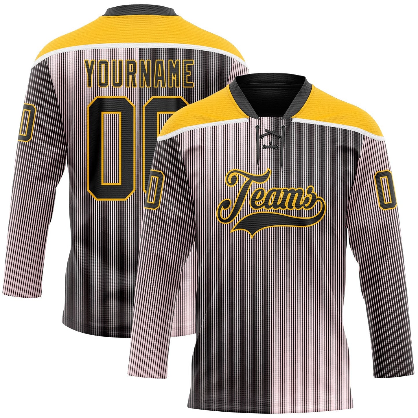 Custom Black Pink Gold-White Stripe Gradient Hockey Lace Neck Jersey - Main View