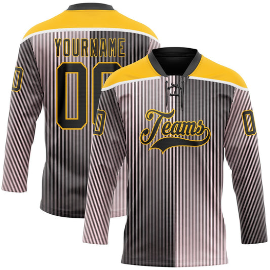 Custom Black Pink Gold-White Stripe Gradient Hockey Lace Neck Jersey - Main View