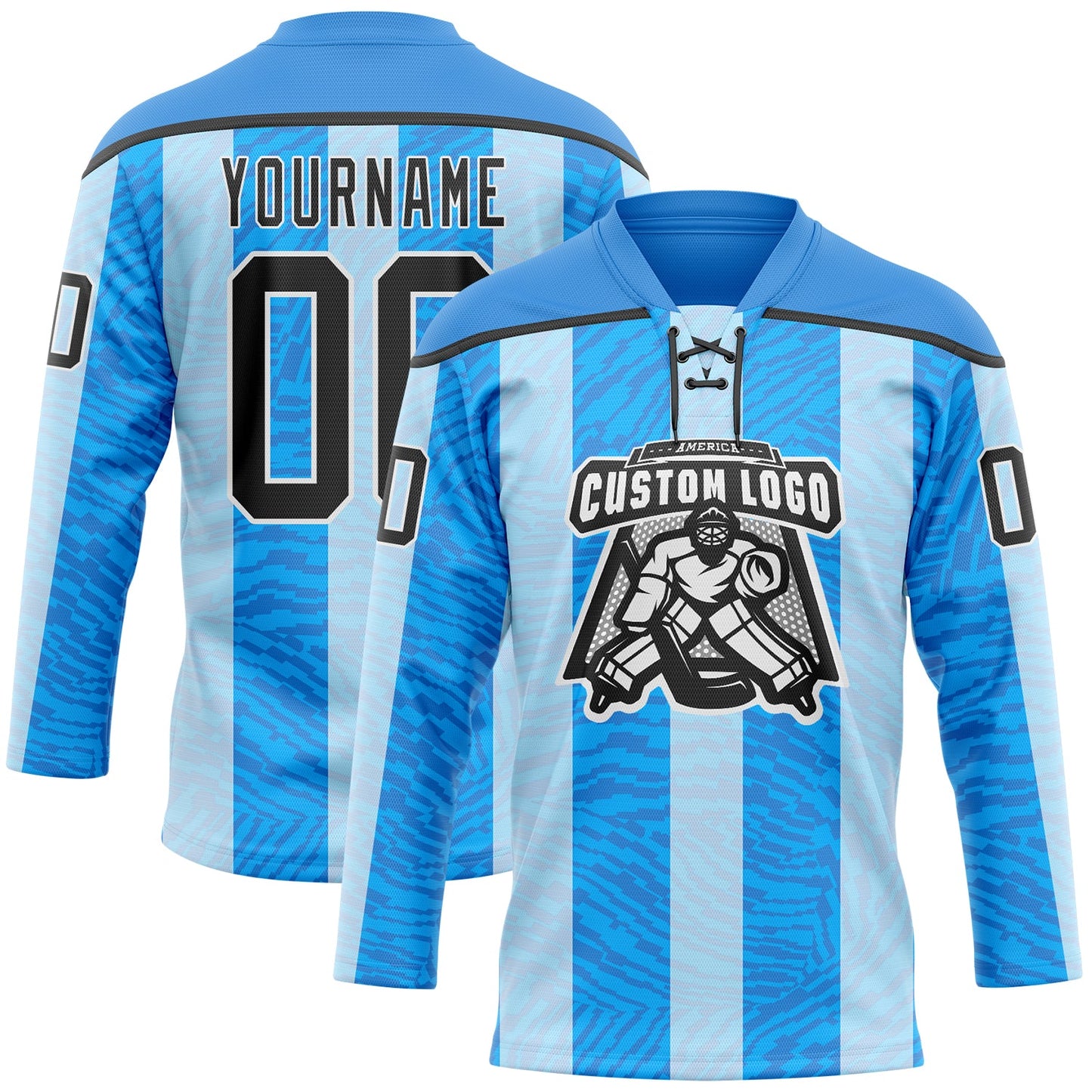 Custom Blue Black Powder Blue-White Stripe Hockey Lace Neck Jersey view 2