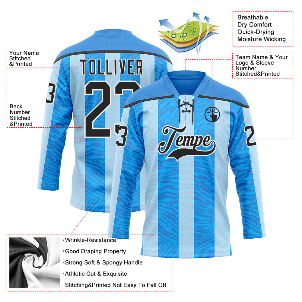 Custom Blue Black Powder Blue-White Stripe Hockey Lace Neck Jersey view 5