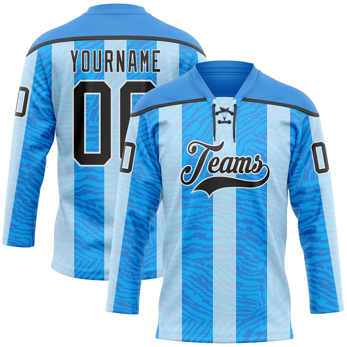 Custom Blue Black Powder Blue-White Stripe Hockey Lace Neck Jersey - Main View