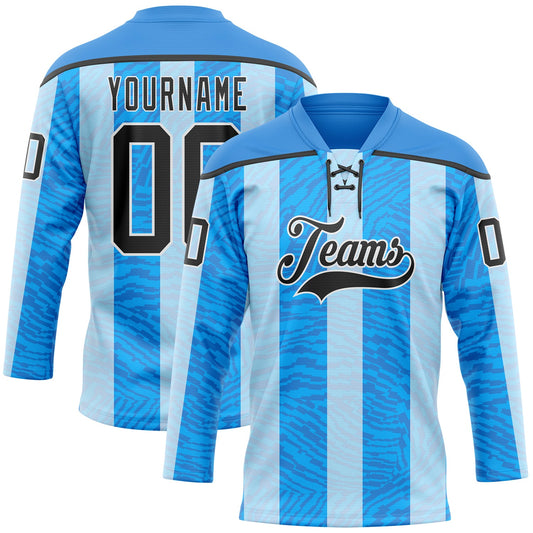 Custom Blue Black Powder Blue-White Stripe Hockey Lace Neck Jersey - Main View