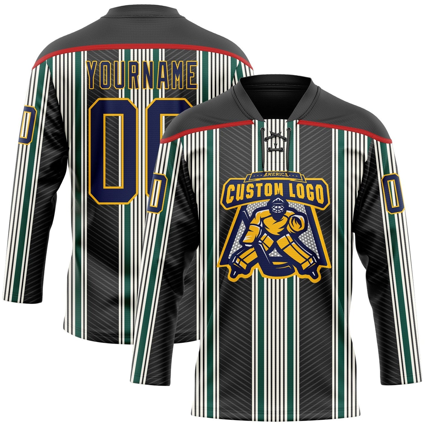 Custom Black Navy Green Red Gold-White Stripe Hockey Lace Neck Jersey view 2