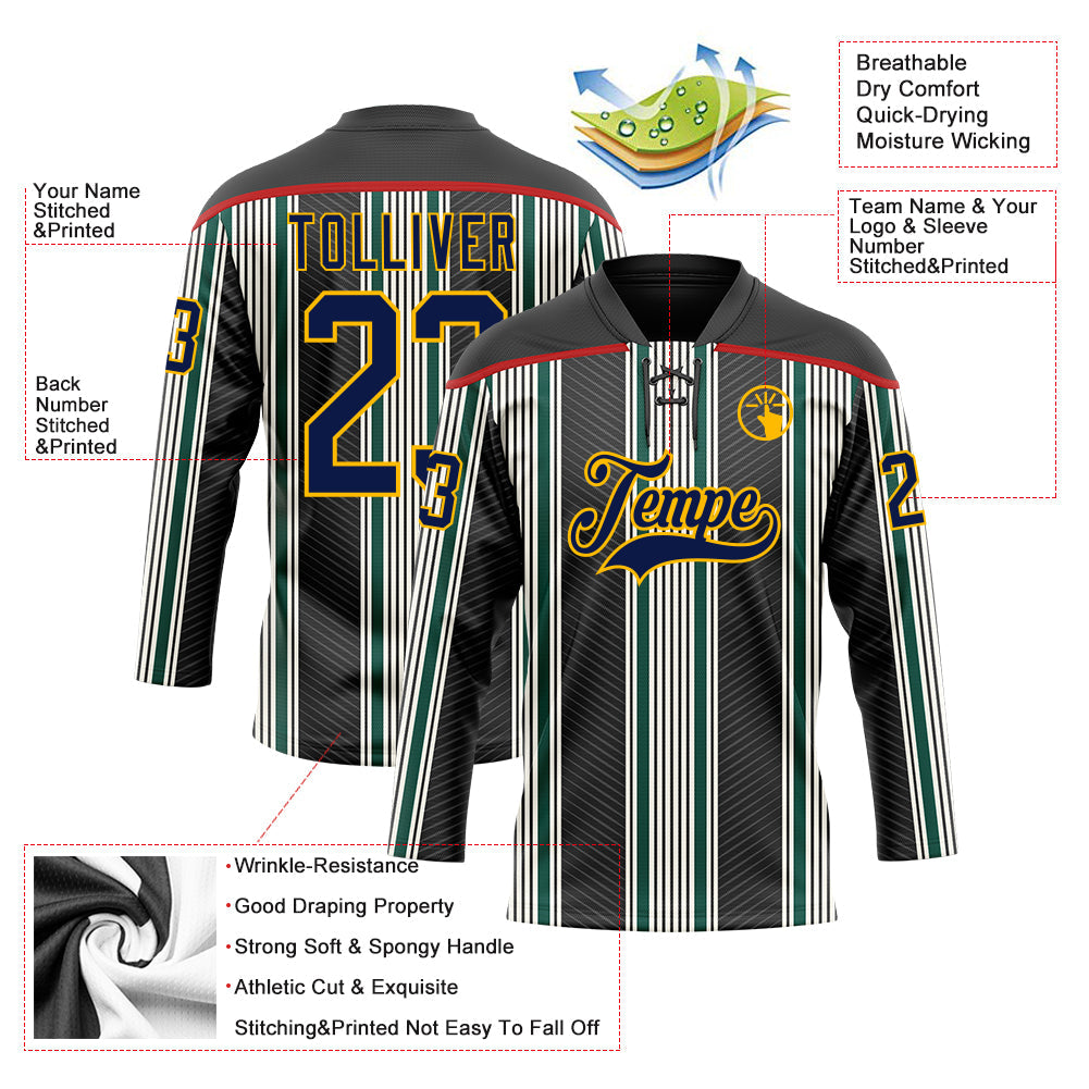 Custom Black Navy Green Red Gold-White Stripe Hockey Lace Neck Jersey view 5