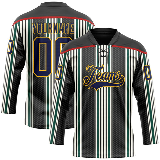 Custom Black Navy Green Red Gold-White Stripe Hockey Lace Neck Jersey - Main View