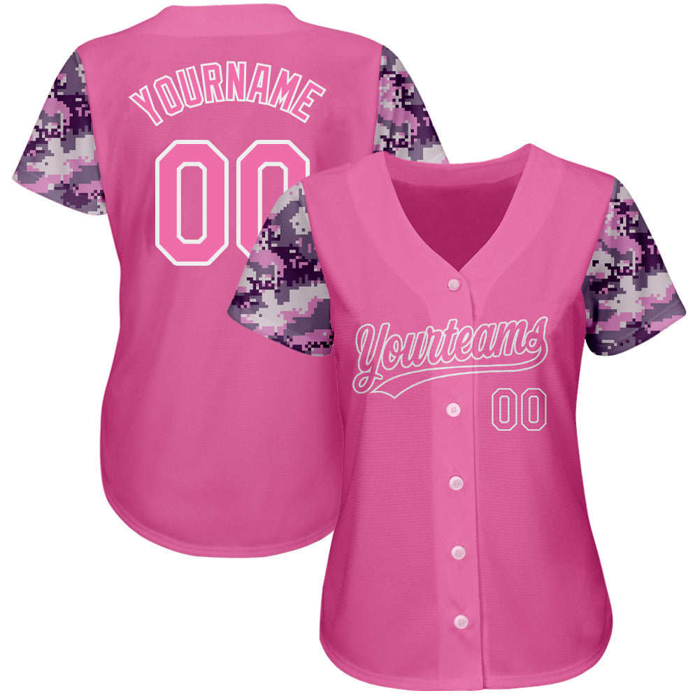 Custom Pink Pink-Camo 3D Pattern Design Authentic Baseball Jersey view 2