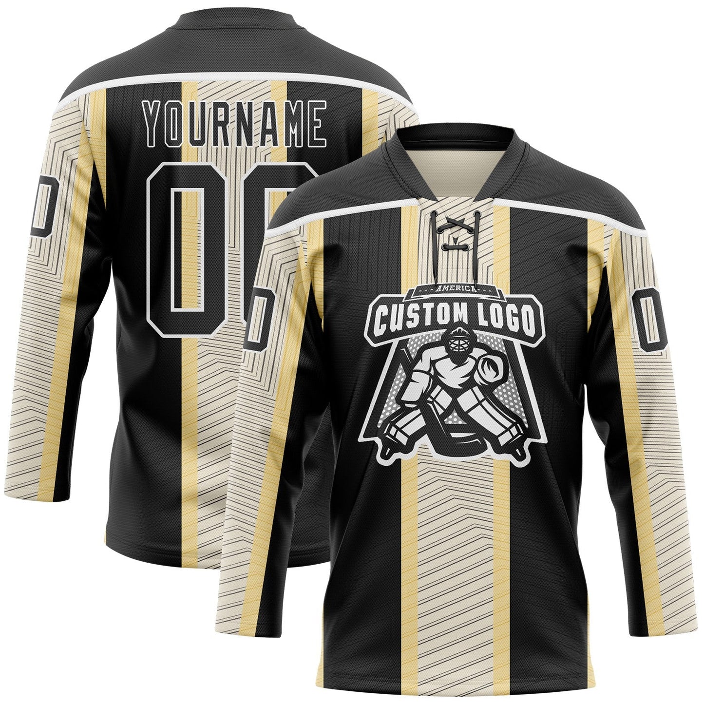 Custom Black Cream-White Stripe Hockey Lace Neck Jersey view 2