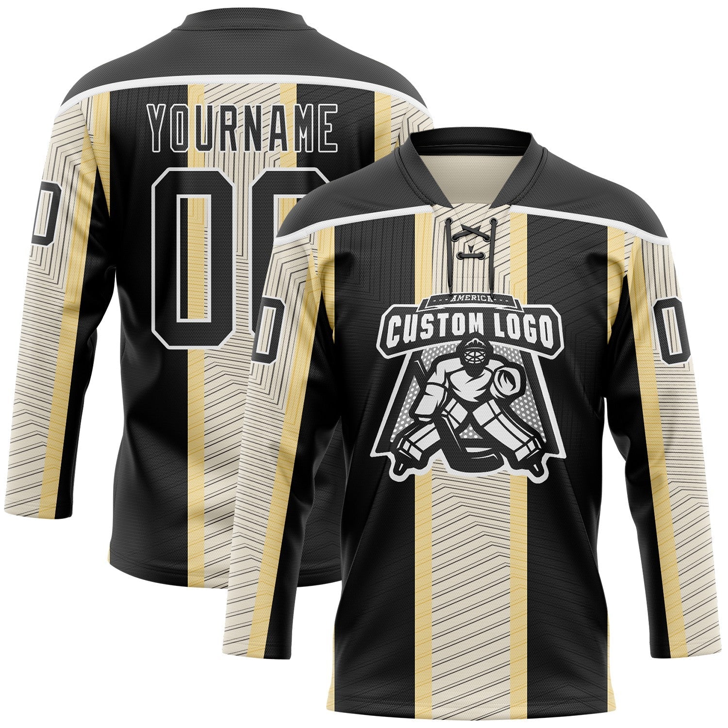 Custom Black Cream-White Stripe Hockey Lace Neck Jersey view 2