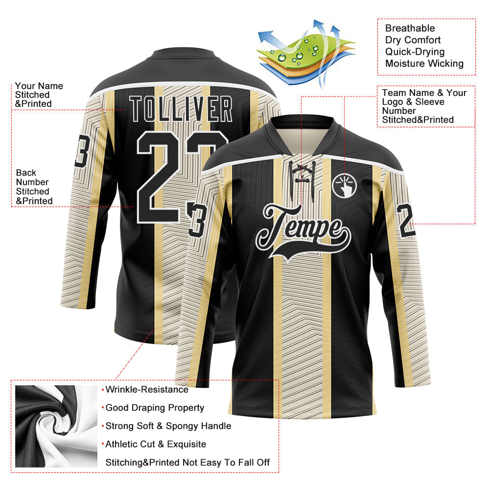 Custom Black Cream-White Stripe Hockey Lace Neck Jersey view 5
