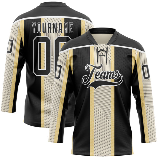 Custom Black Cream-White Stripe Hockey Lace Neck Jersey - Main View