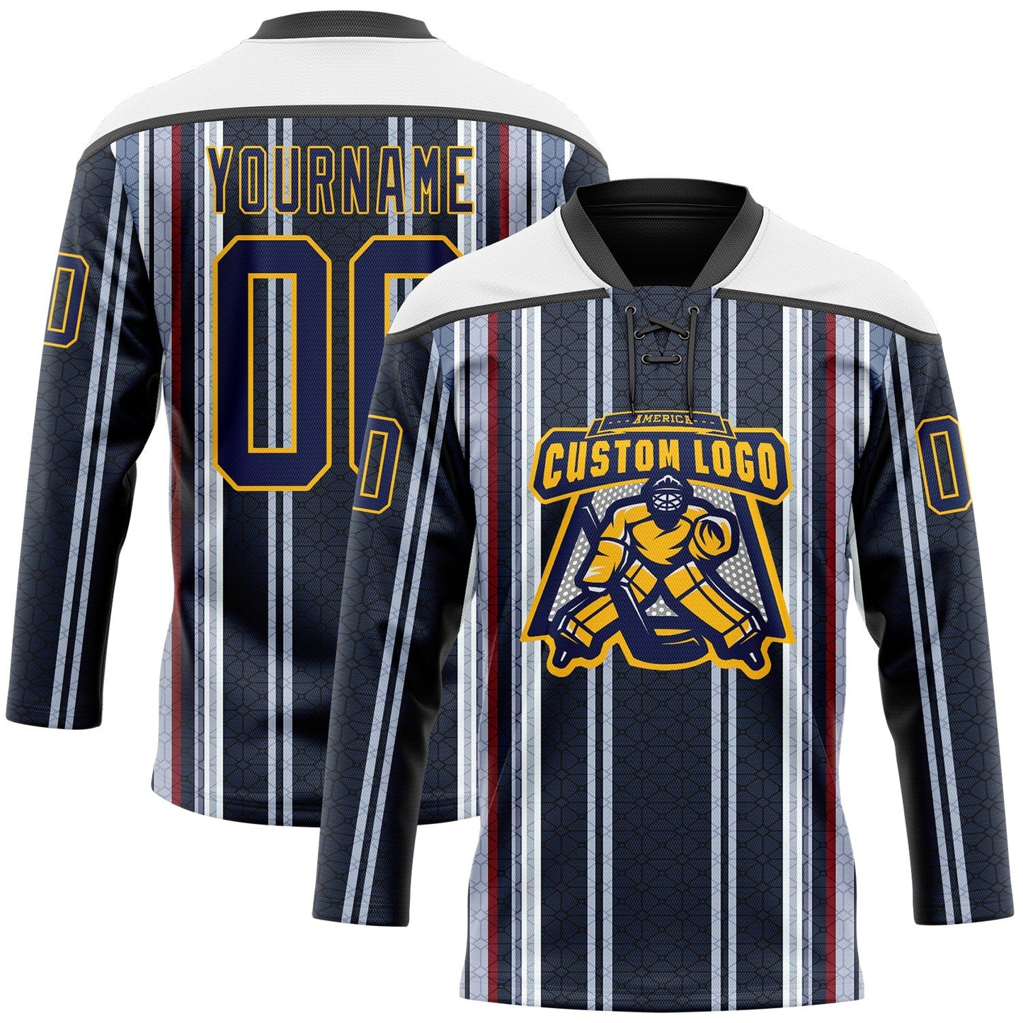 Custom Black Navy Red Gold-White Stripe Hockey Lace Neck Jersey view 2