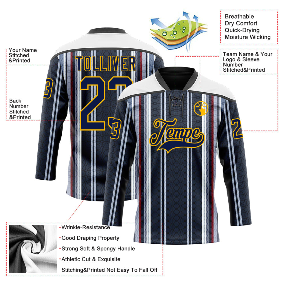 Custom Black Navy Red Gold-White Stripe Hockey Lace Neck Jersey view 5