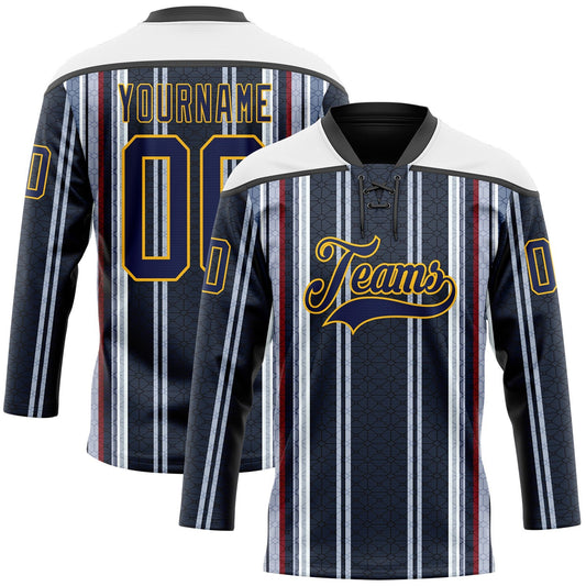 Custom Black Navy Red Gold-White Stripe Hockey Lace Neck Jersey - Main View