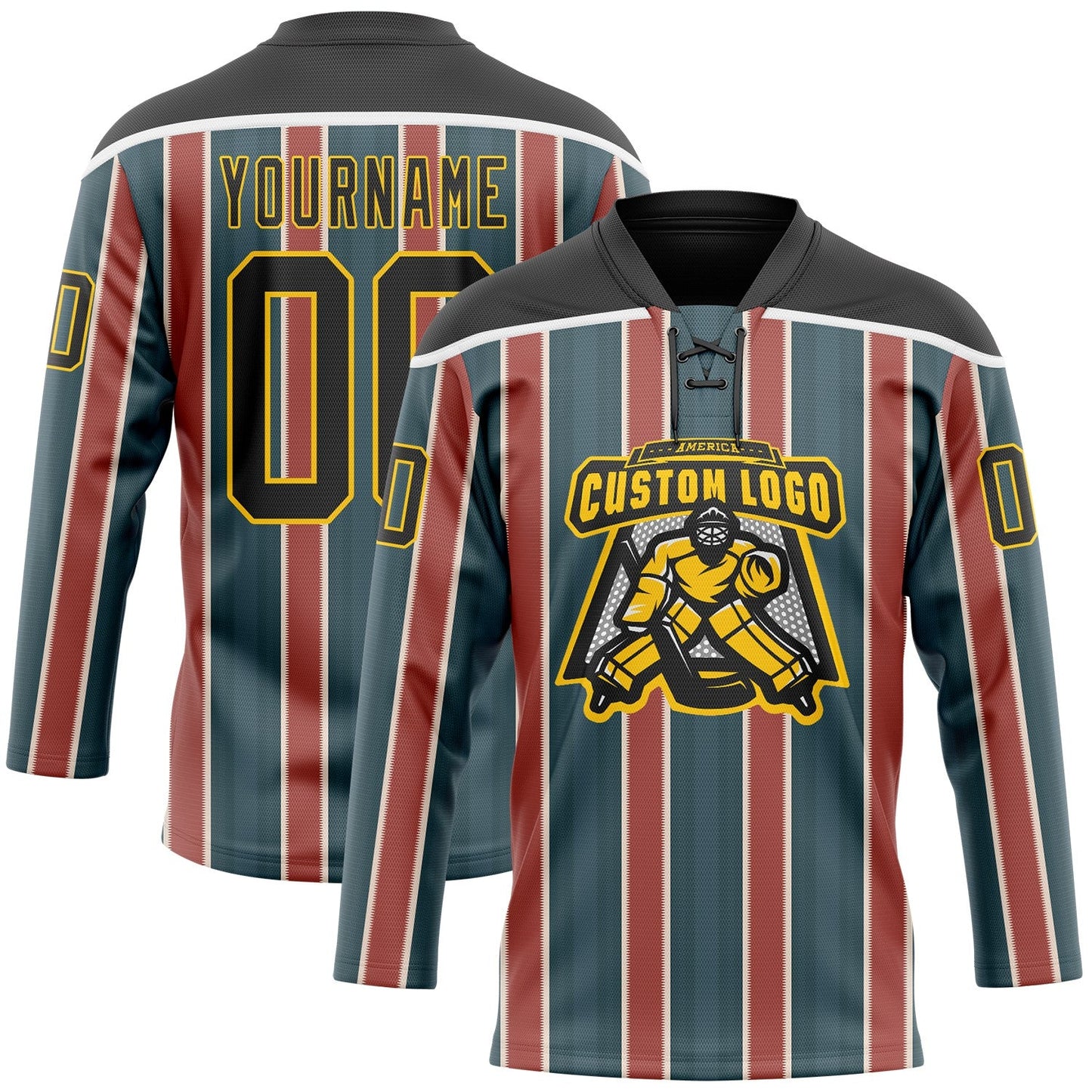 Custom Green Black Red Yellow-White Stripe Hockey Lace Neck Jersey view 2