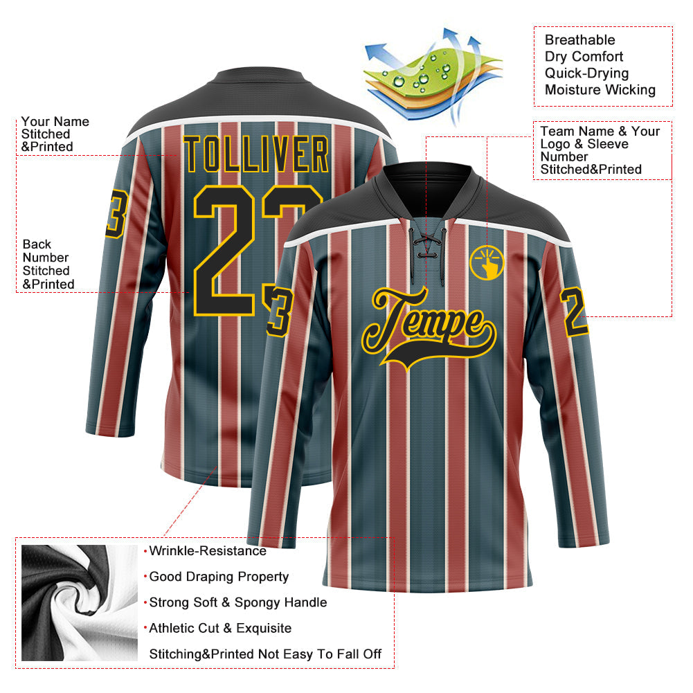 Custom Green Black Red Yellow-White Stripe Hockey Lace Neck Jersey view 5