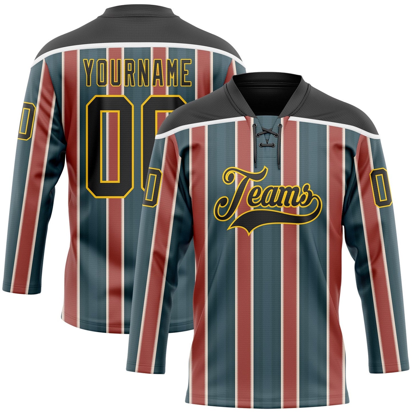 Custom Green Black Red Yellow-White Stripe Hockey Lace Neck Jersey - Main View