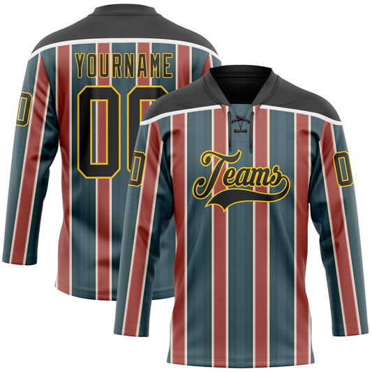 Custom Green Black Red Yellow-White Stripe Hockey Lace Neck Jersey - Main View