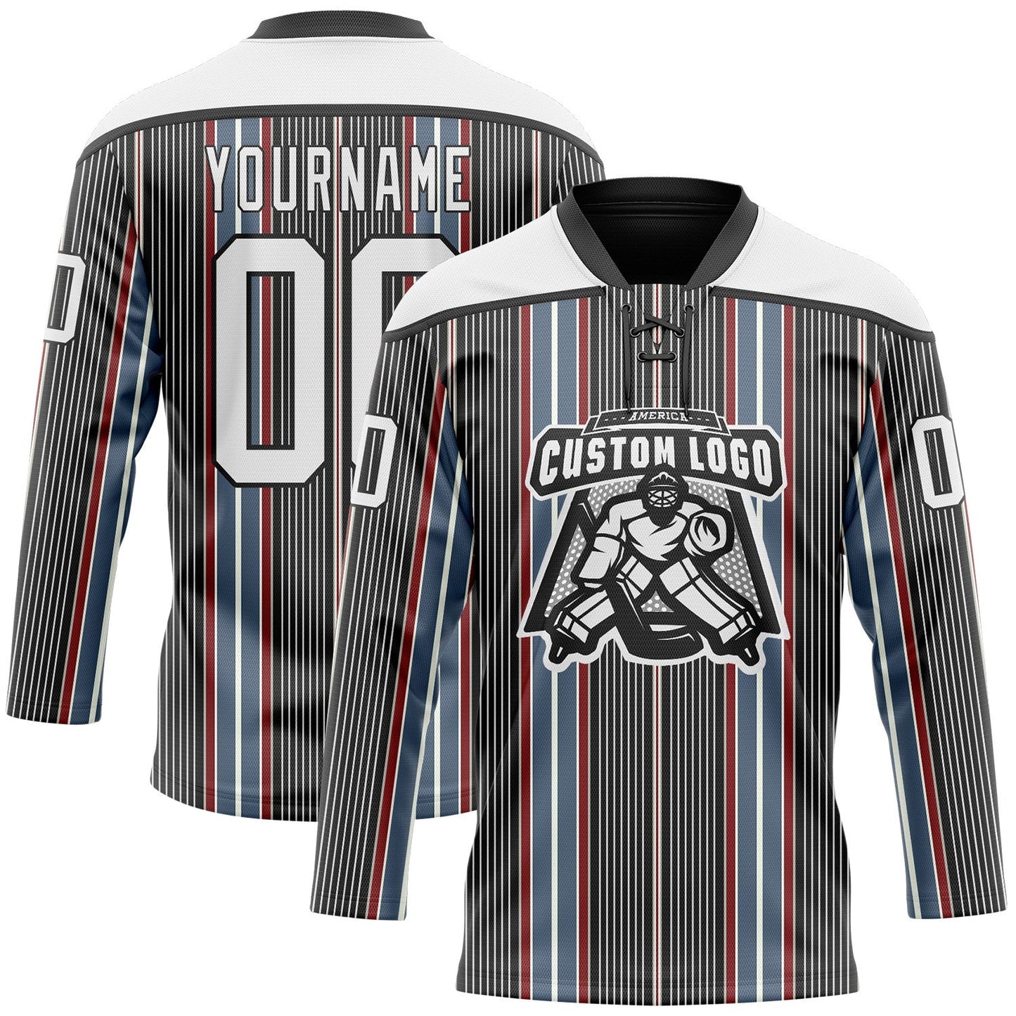 Custom Black White Red-Blue Stripe Hockey Lace Neck Jersey view 2