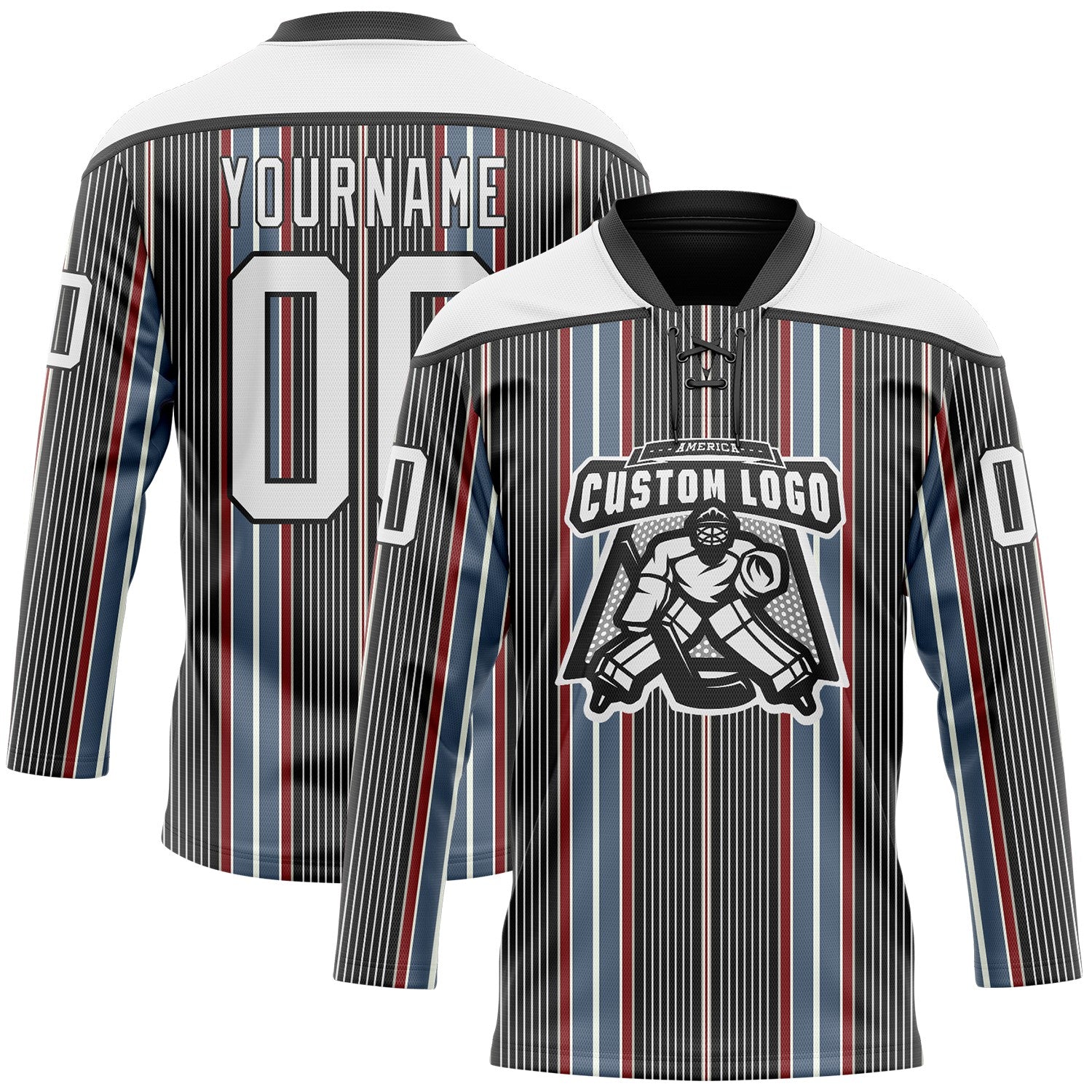 Custom Black White Red-Blue Stripe Hockey Lace Neck Jersey view 2