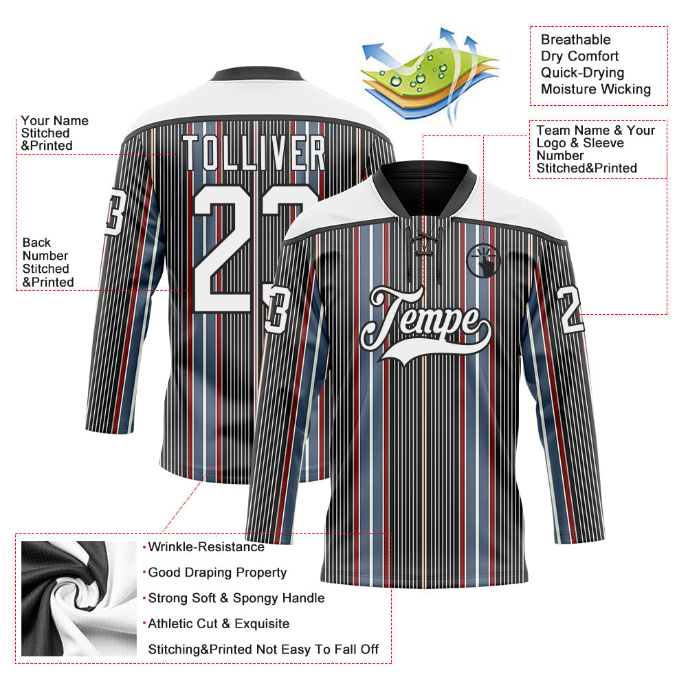 Custom Black White Red-Blue Stripe Hockey Lace Neck Jersey view 5