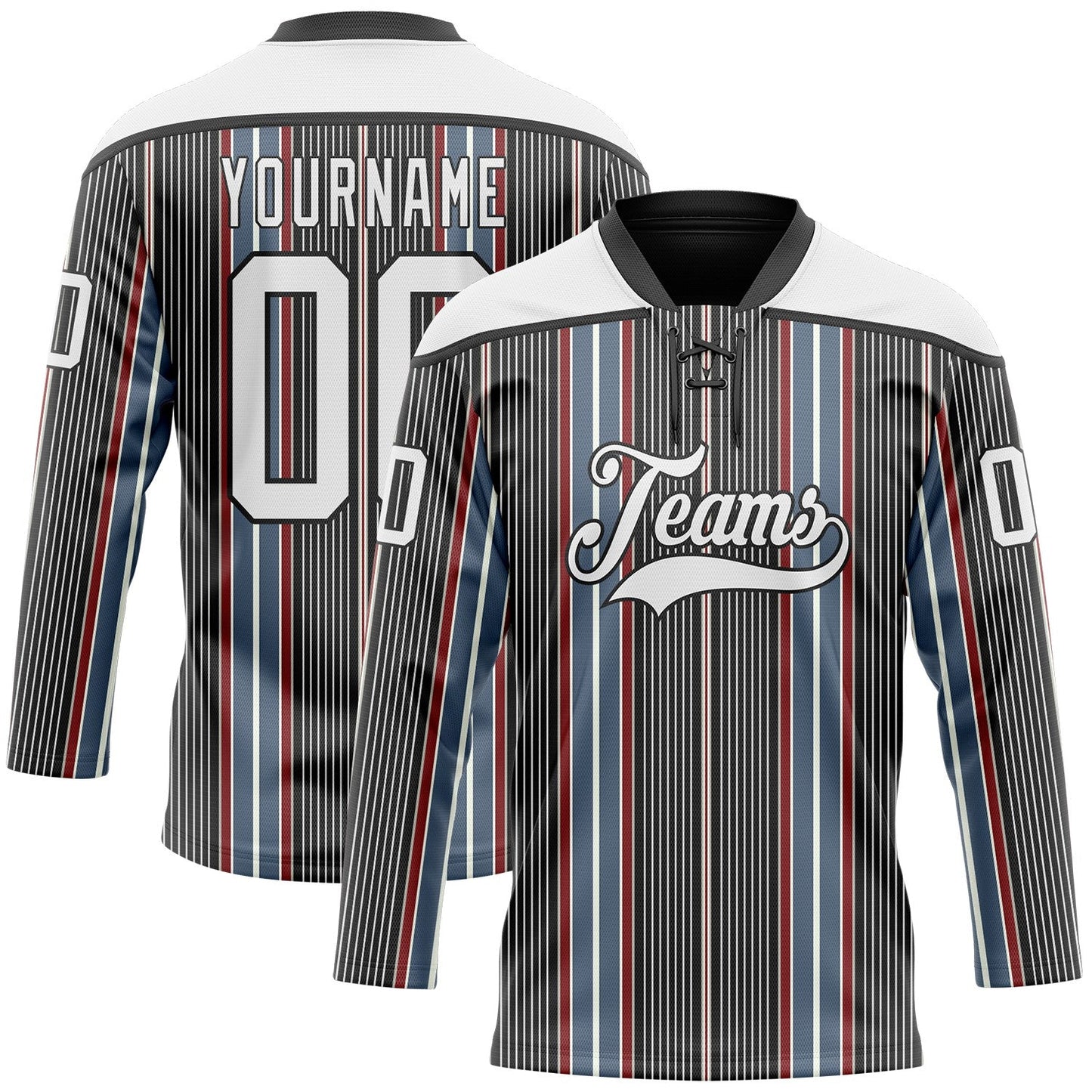 Custom Black White Red-Blue Stripe Hockey Lace Neck Jersey - Main View