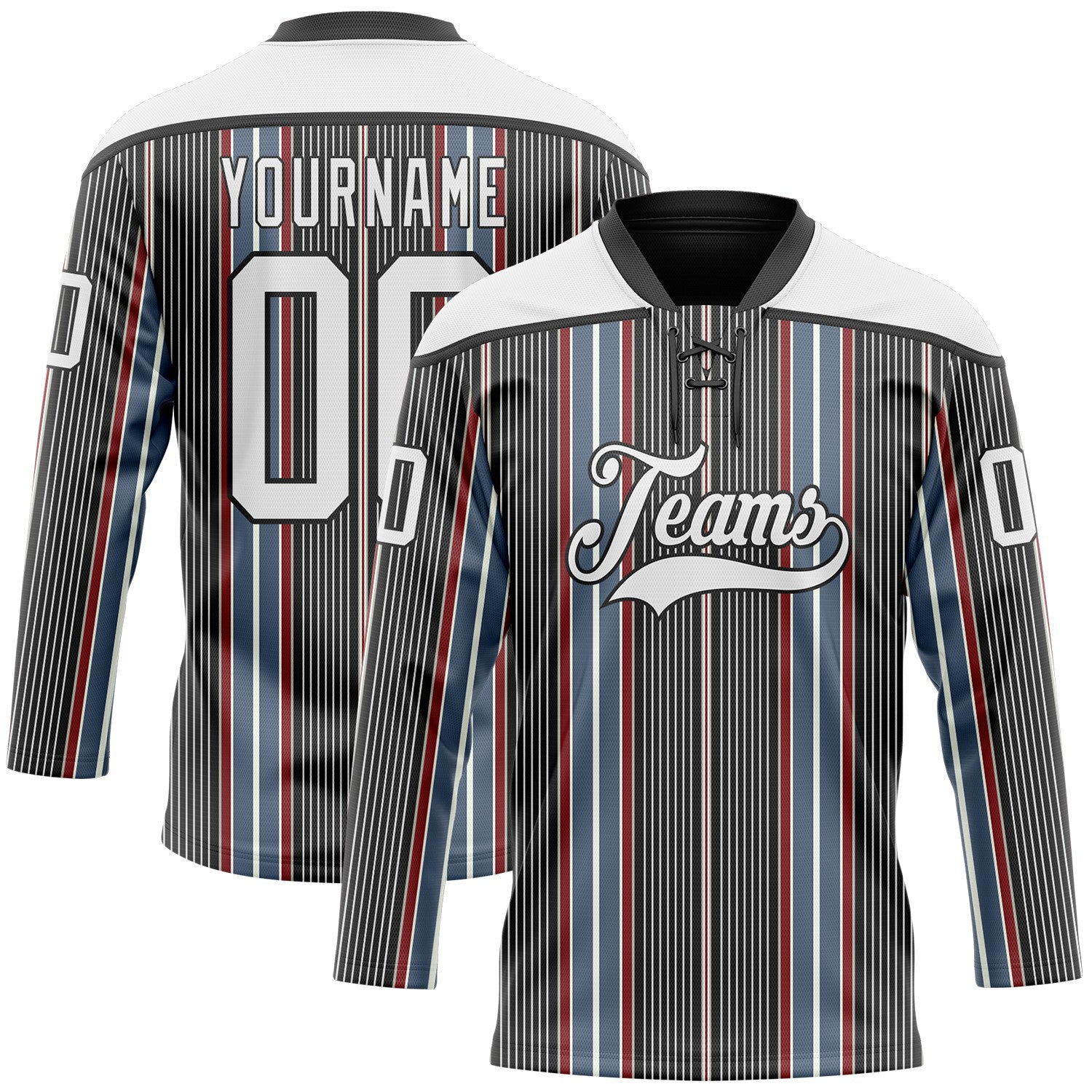 Custom Black White Red-Blue Stripe Hockey Lace Neck Jersey - Main View