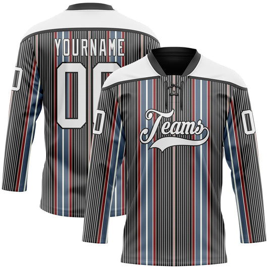 Custom Black White Red-Blue Stripe Hockey Lace Neck Jersey - Main View