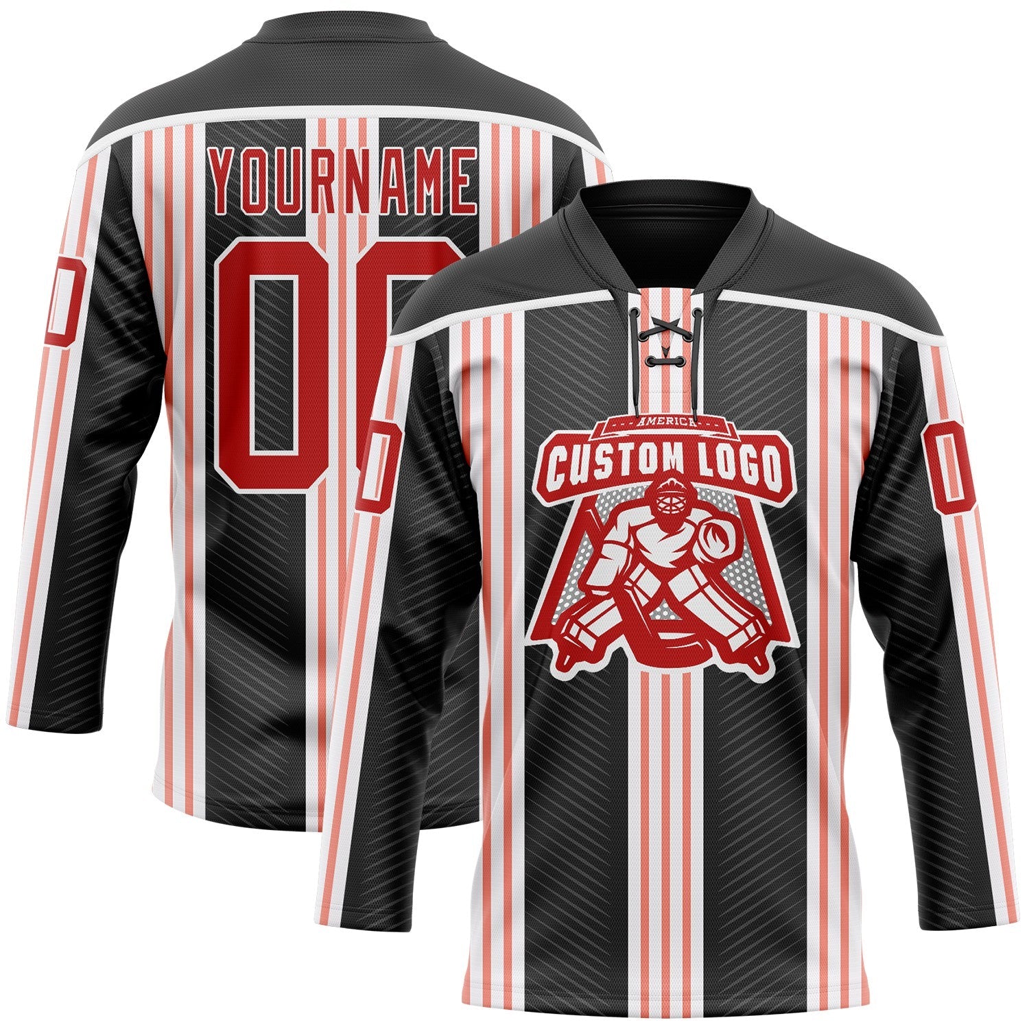 Custom Black Red Pink-White Stripe Hockey Lace Neck Jersey view 2