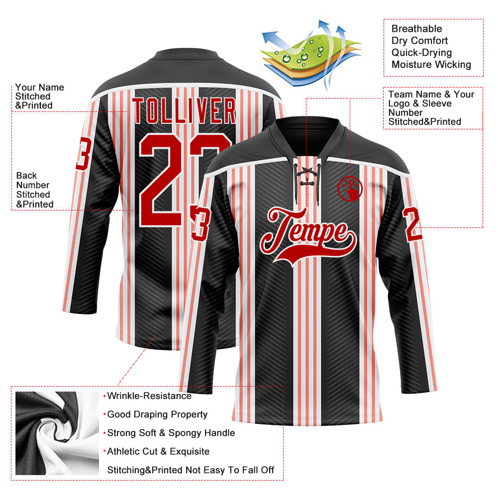 Custom Black Red Pink-White Stripe Hockey Lace Neck Jersey view 5