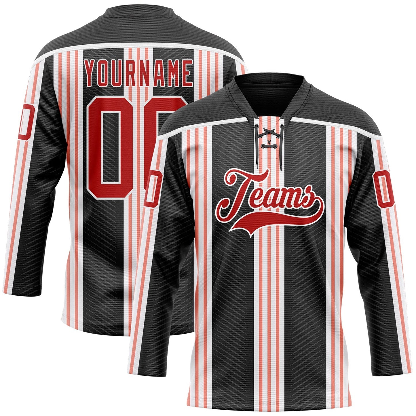 Custom Black Red Pink-White Stripe Hockey Lace Neck Jersey - Main View
