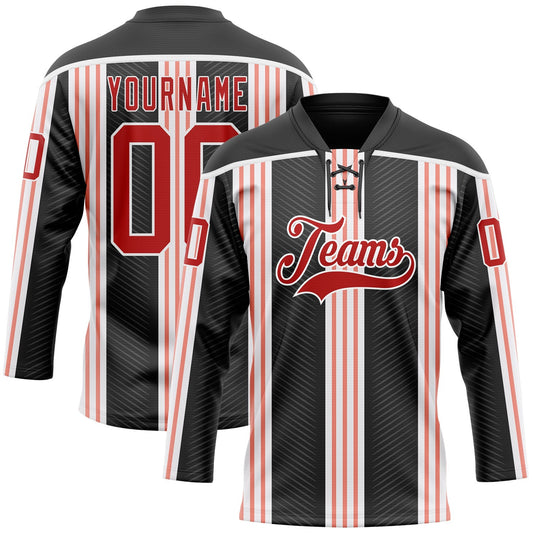 Custom Black Red Pink-White Stripe Hockey Lace Neck Jersey - Main View