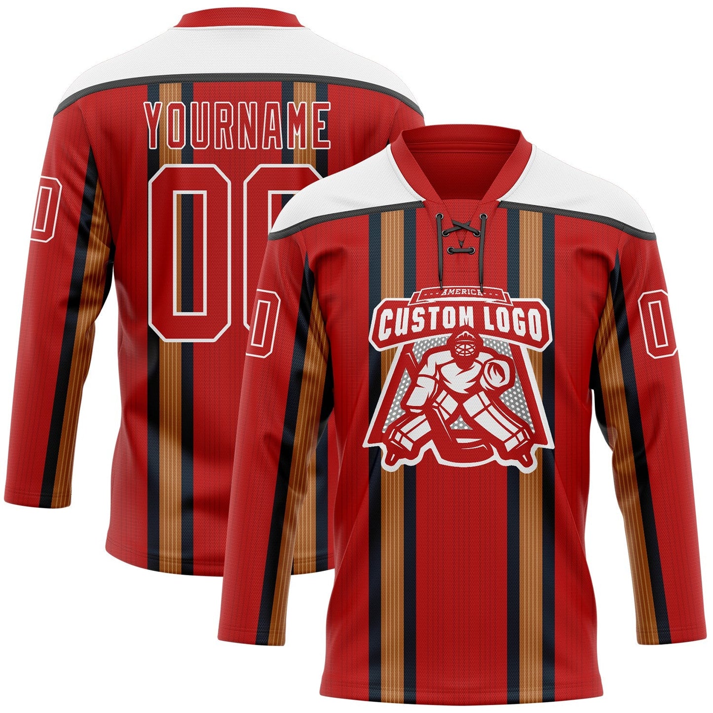 Custom Red Old Gold Black-White Stripe Hockey Lace Neck Jersey view 2