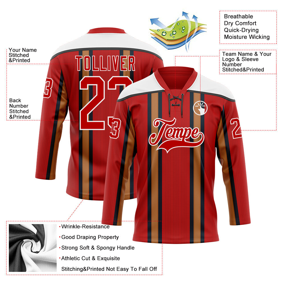 Custom Red Old Gold Black-White Stripe Hockey Lace Neck Jersey view 5