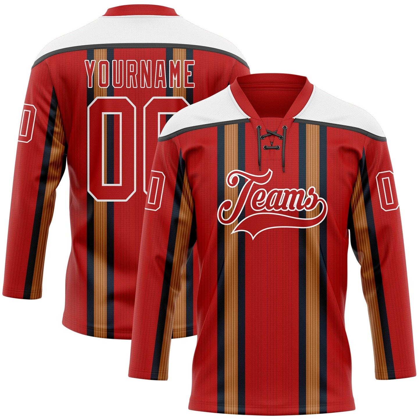 Custom Red Old Gold Black-White Stripe Hockey Lace Neck Jersey - Main View