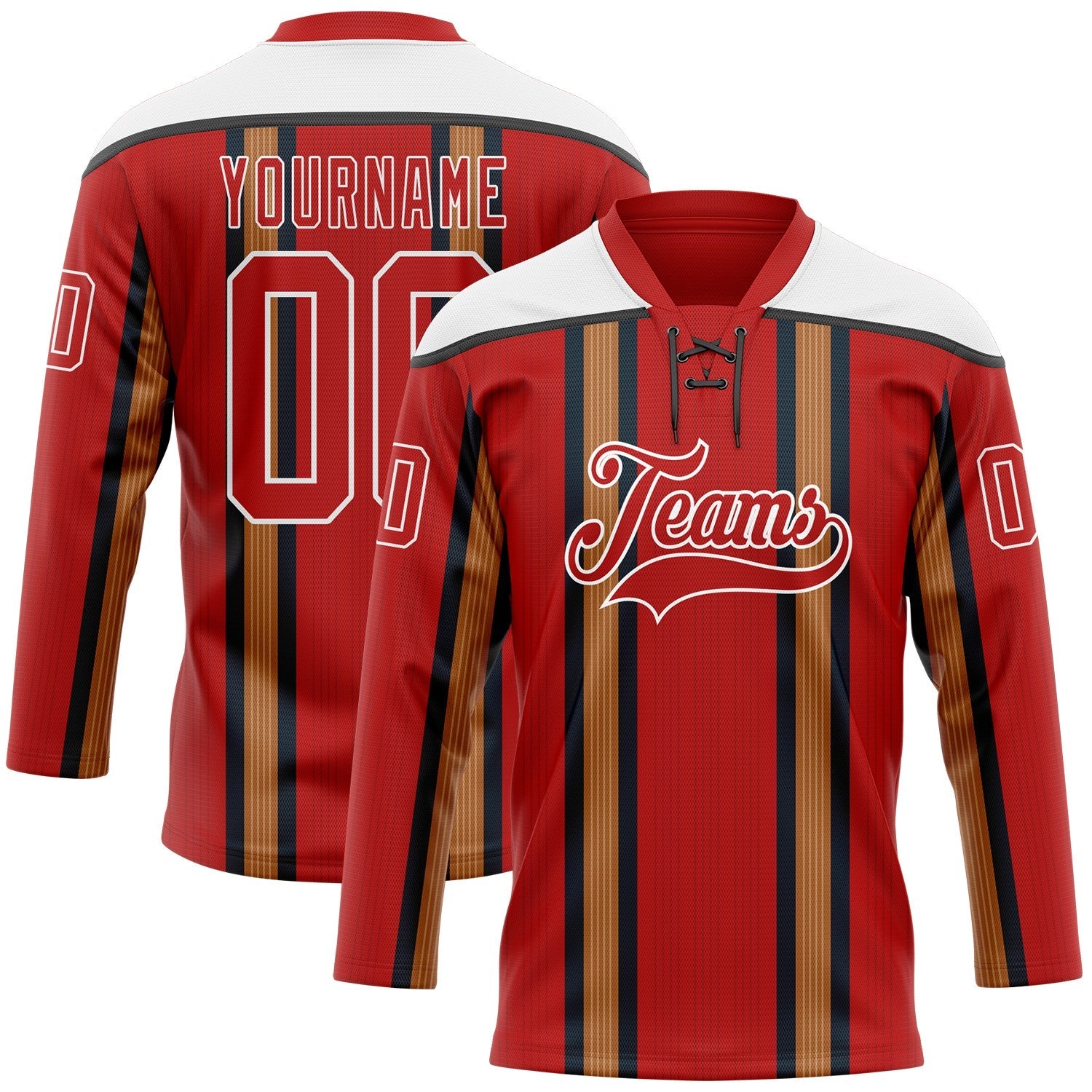 Custom Red Old Gold Black-White Stripe Hockey Lace Neck Jersey - Main View