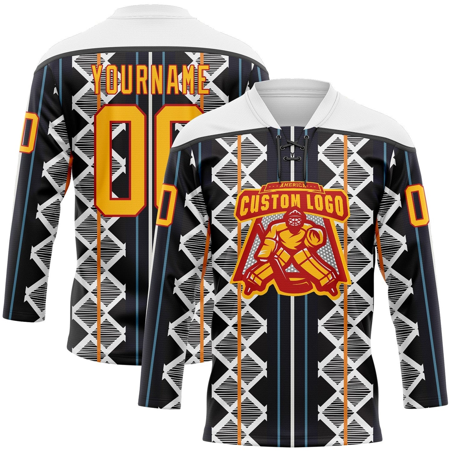 Custom Black Gold Blue Red-White Stripe Geometric Hockey Lace Neck Jersey view 2