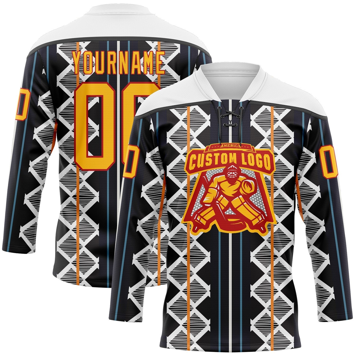 Custom Black Gold Blue Red-White Stripe Geometric Hockey Lace Neck Jersey view 2