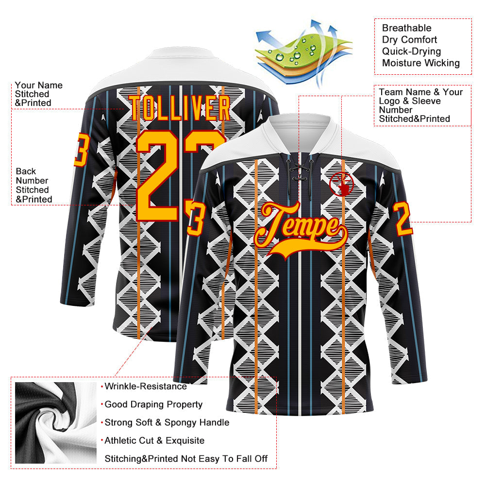 Custom Black Gold Blue Red-White Stripe Geometric Hockey Lace Neck Jersey view 5