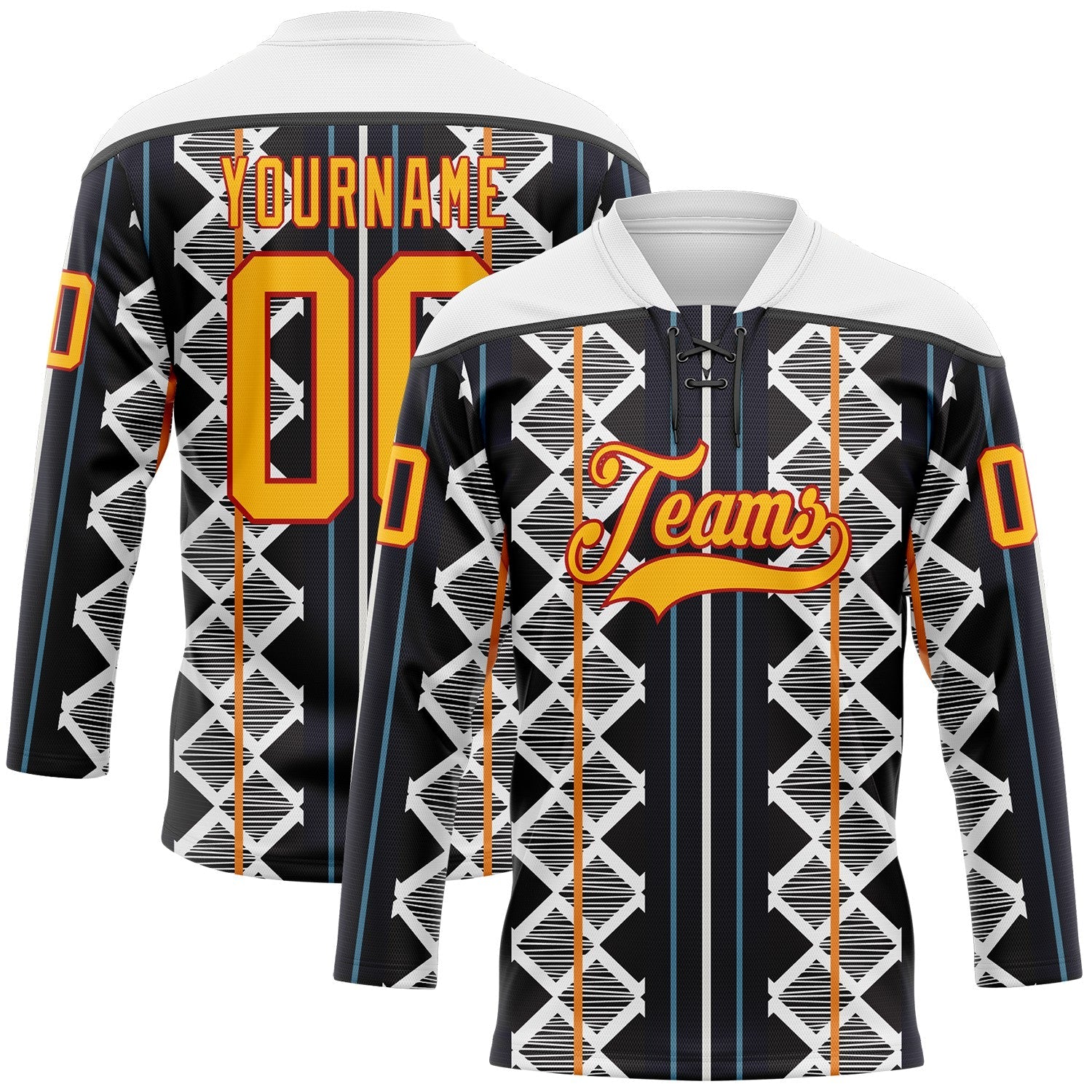 Custom Black Gold Blue Red-White Stripe Geometric Hockey Lace Neck Jersey - Main View