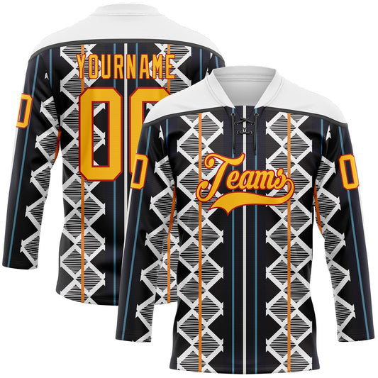 Custom Black Gold Blue Red-White Stripe Geometric Hockey Lace Neck Jersey - Main View
