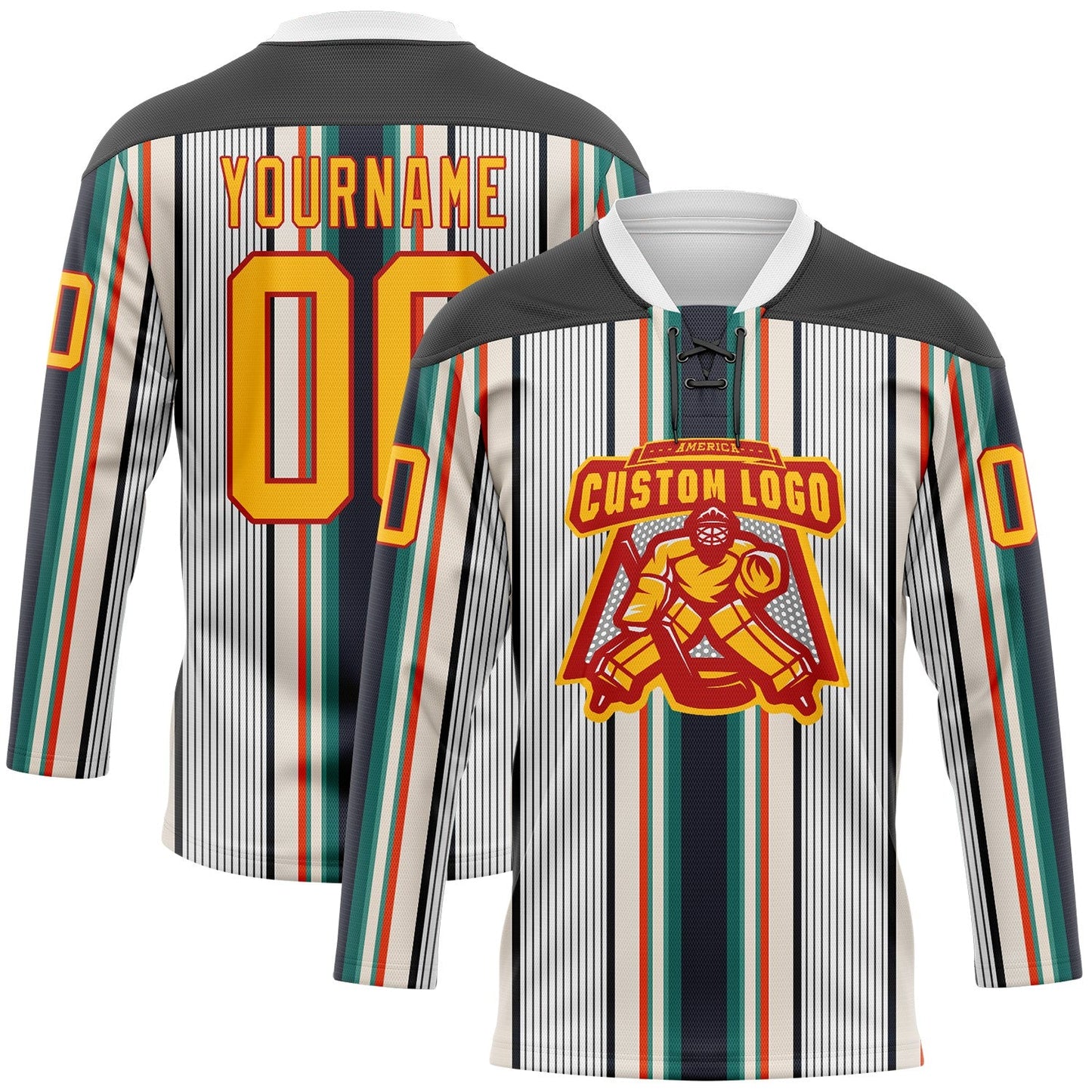 Custom White Gold Black Cream Green-Red Stripe Hockey Lace Neck Jersey view 2