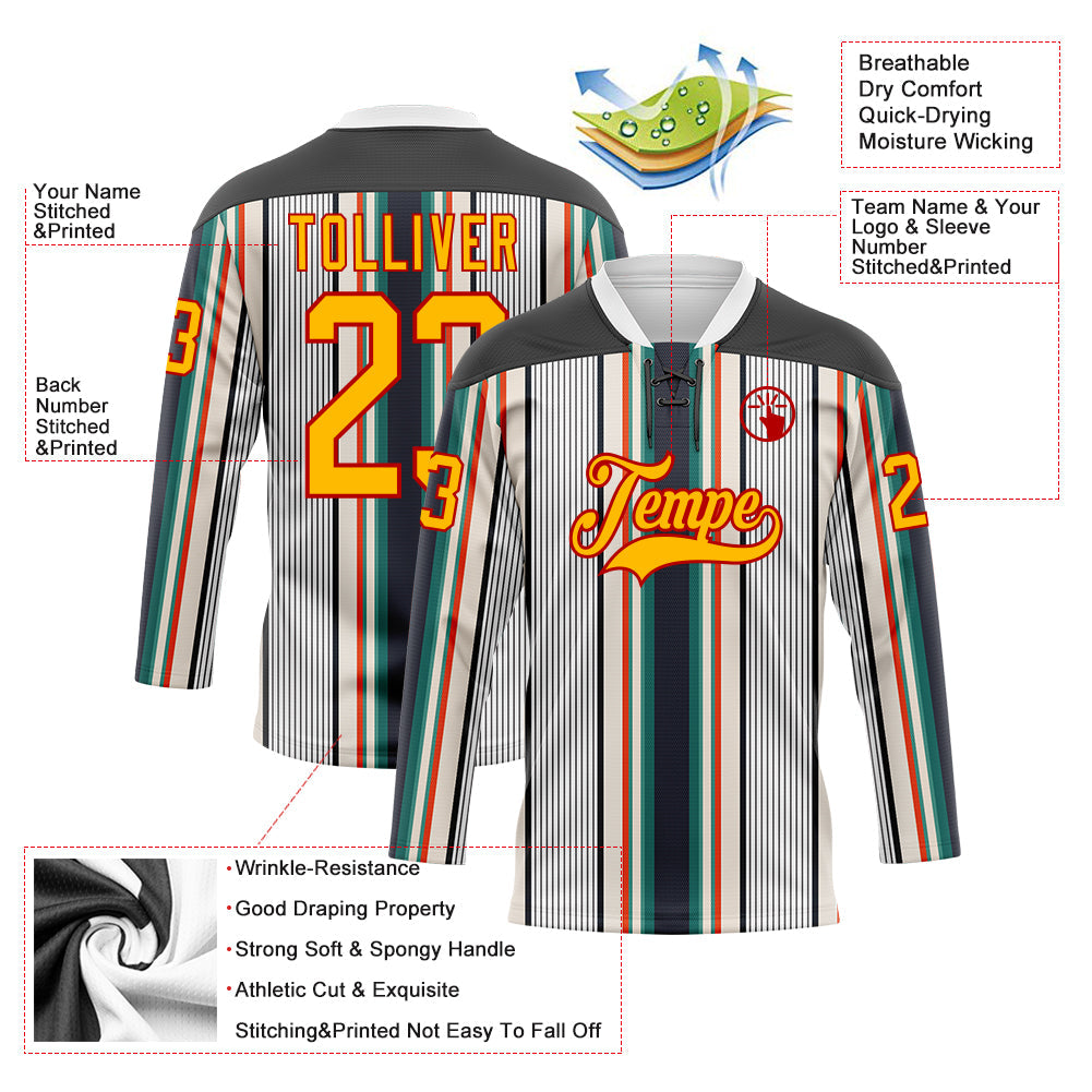 Custom White Gold Black Cream Green-Red Stripe Hockey Lace Neck Jersey view 5