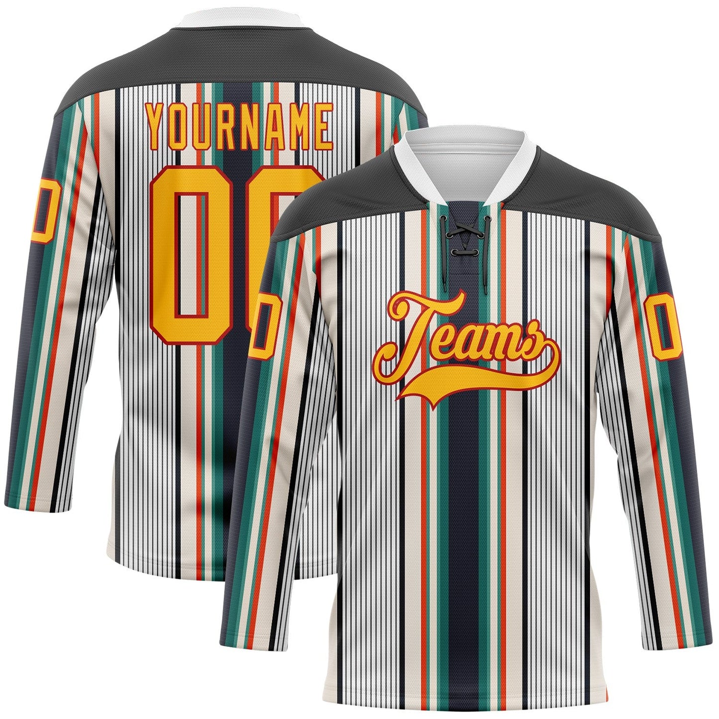 Custom White Gold Black Cream Green-Red Stripe Hockey Lace Neck Jersey - Main View